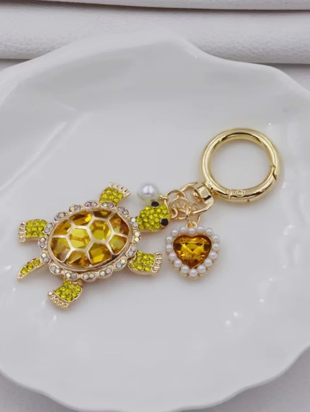 Gold Tone Turtle Keychain /bag Charm with Yellow Gems